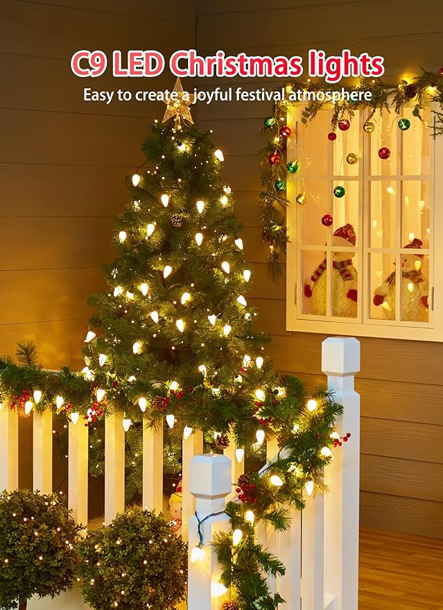 C9 LED Christmas Lights Outdoor, 81 Feet 100 LED String Light with Timer & 8 Lighting Mode, Waterproof Commercial Grade Christmas Tree Lights for Outside Indoor Roofline Patio, Warm White|2 Pack
