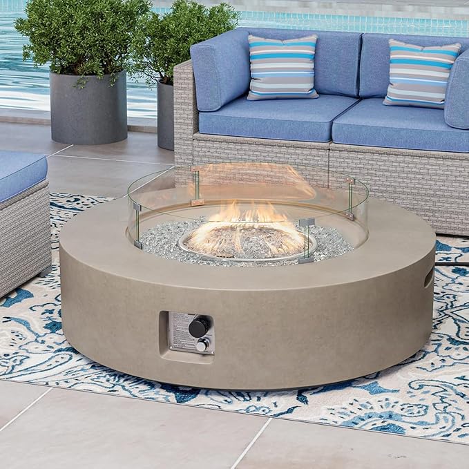 COSIEST Outdoor Propane Fire Pit Coffee Table w Gray 42 inch Round Base Patio Heater, CSA Certified, 50,000 BTU Stainless Steel Burner, Wind Guard, Transparent Gray Fire Glass, Rain Cover