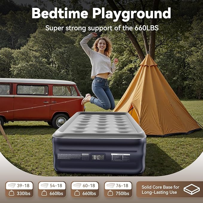 DIVON Twin Air Mattress with Built in Pump Raised, 2 Min Self Inflatable Mattress, 18’’ Blow up Mattress for Adults, 330 LBS Portable Air Bed for Guest, Camping, Travel & Floor, Dark Blue