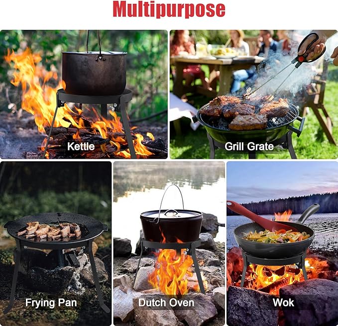 Cooking Tripod for Campfire, 9.8Inch Durable Steel Campfire Tripod for Cooking for Dutch Oven Outdoor Cooking, Foldable Fire Pit Stand with Black Heat Resistant Coating