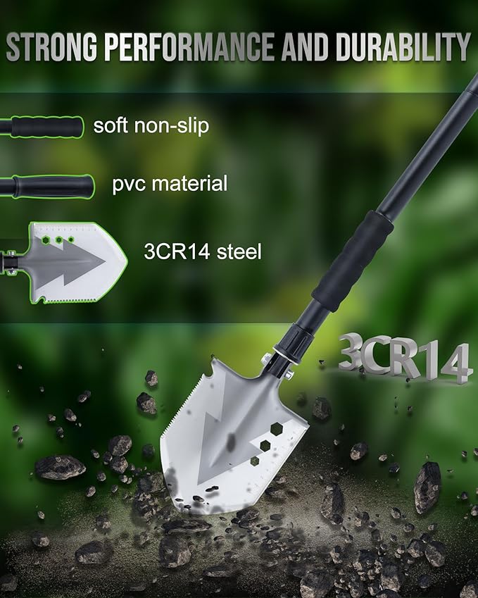 Folding Survival Shovel, Camping Shovel for Off Road, Gardening, Beach, Digging Dirt, Sand, Mud and Snow, Emergency and Outdoor, 29 inch