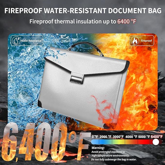 Fireproof Document Bag 14.5"X11"X2.5" Fireproof Money Bag for Cash With Lock and Zipper,Fire&Waterproof Storage Organizer Pouch for Valuables,Legal Document,Laptop,Passport,(Silver)