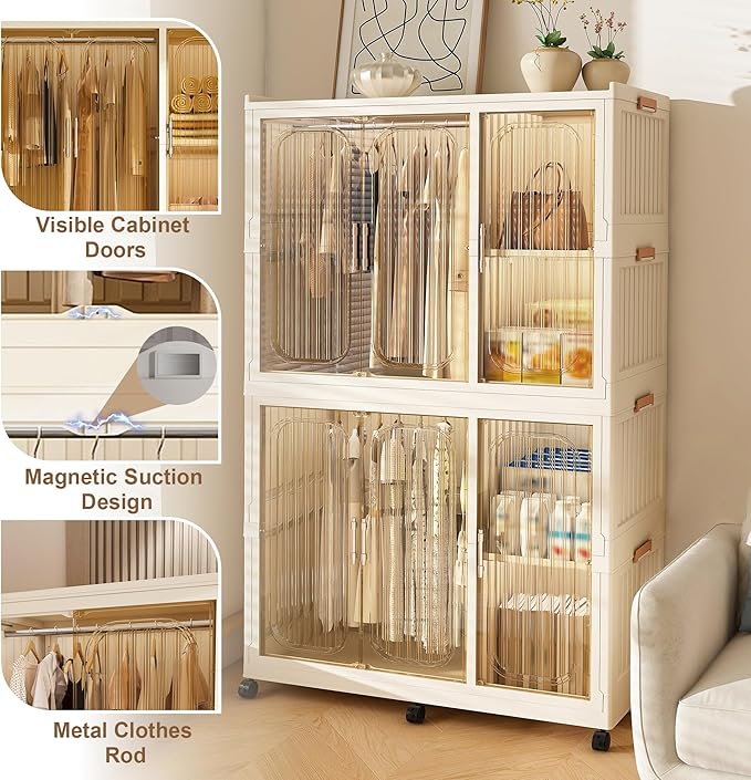 Collapsible Expandable Wardrobe Closet, Multi-Function Plastic Wardrobe,Wardrobes Storage Cabinet (6 Cubes+2 Hanging Rod)