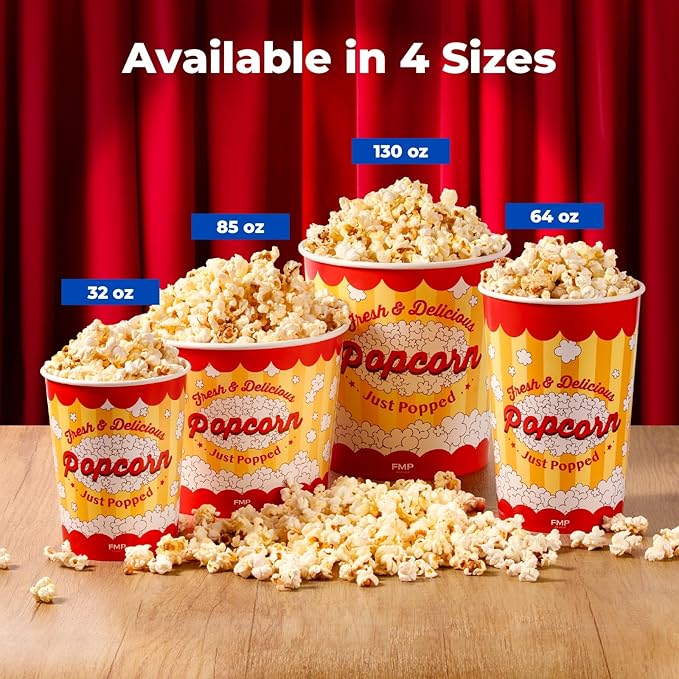 Fit Meal Prep 25 Pack Classic Paper Popcorn Buckets Disposable, 85 Oz Grease Resistant Popcorn Bowls Cups for Machine Home Theater Carnival Movie Night