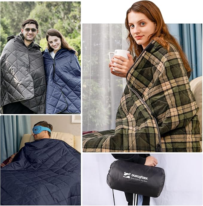 DUKUSEEK Large Waterproof Camping Blanket, Cold Weather Warm Fleece Blankets Windproof Triple Layers for Stadium,Camping, Concerts, Car, Dog