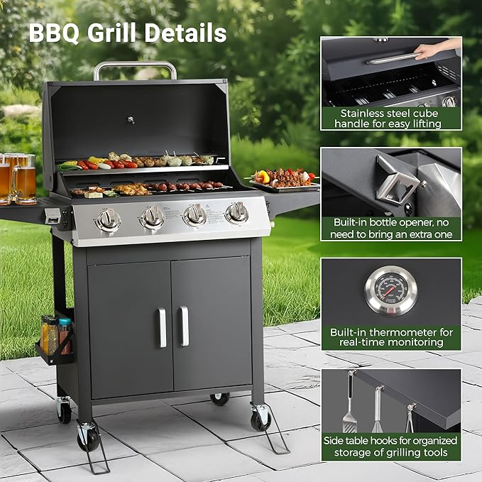 4-Burner Propane Gas Grill with Wheels, 40,000 BTU Stainless Steel BBQ Grill for Backyard, Outdoor Cooking - Foldable Side Tables, Spice Rack & Easy Assembly