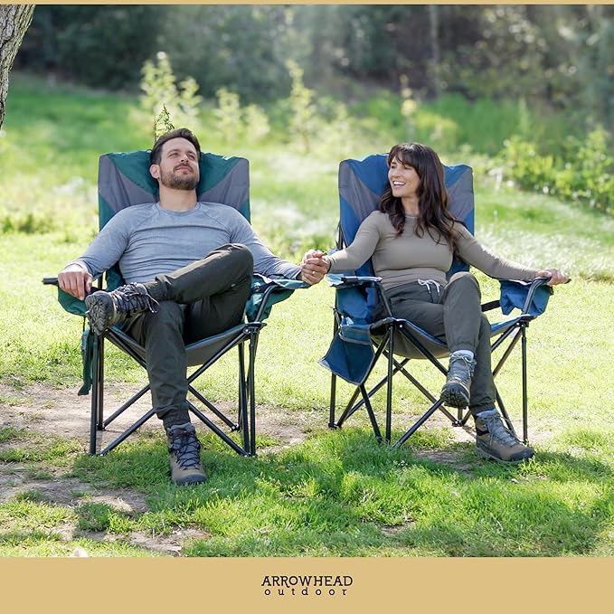 ARROWHEAD OUTDOOR XXL Folding Padded Camping Chair w/Cup & Wine Holder, Armrest Cooler, Support up to 600 lbs, Blue