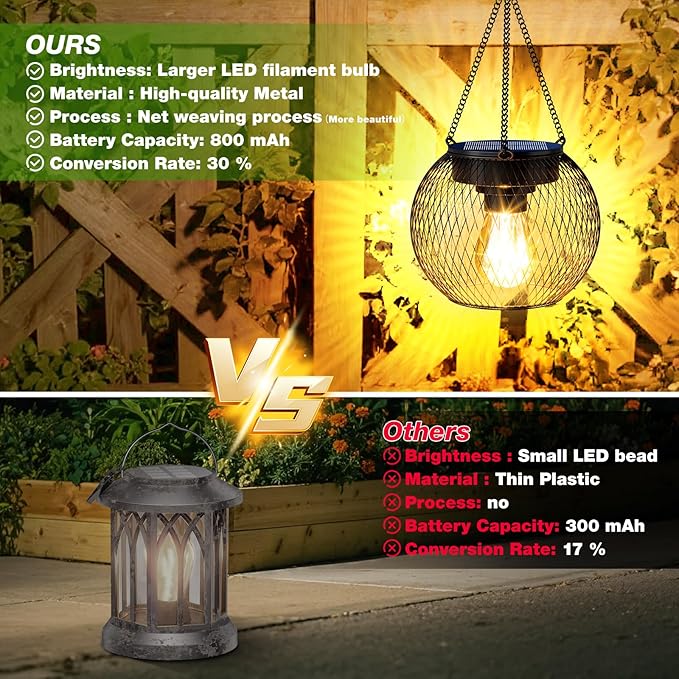 Solar Lanterns Outdoor Waterproof 2 Pack, 13.45" Metal Solar Hanging Lights with Hooks & Auto On/Off, Brighter Warm Outdoor Hanging Lantern Lighting for Porch Garden Yard Pathway Decor