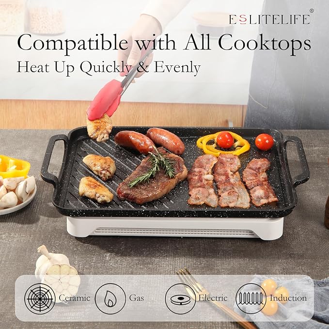 ESLITE LIFE 11" x 17" Nonstick Grill Pan for Indoor Cooking & Outdoor Grilling, Versatile 2-In-1 Induction Large Steak Pan for Stove Tops, PFOA Free, Black