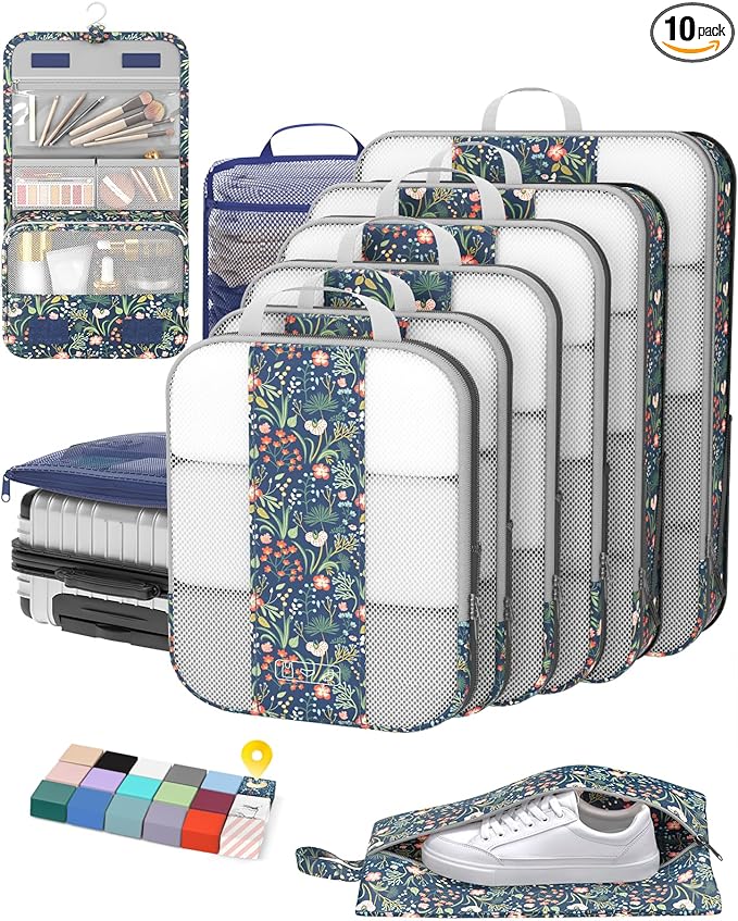 10 Set Compression Packing Cubes for Travel Essentials,Compressible Expandable Packing Cubes for Suitcase,OlarHike Luggage Organizer Bags,Handy Helper for Organizing Clothes(Dark Blue Floral)