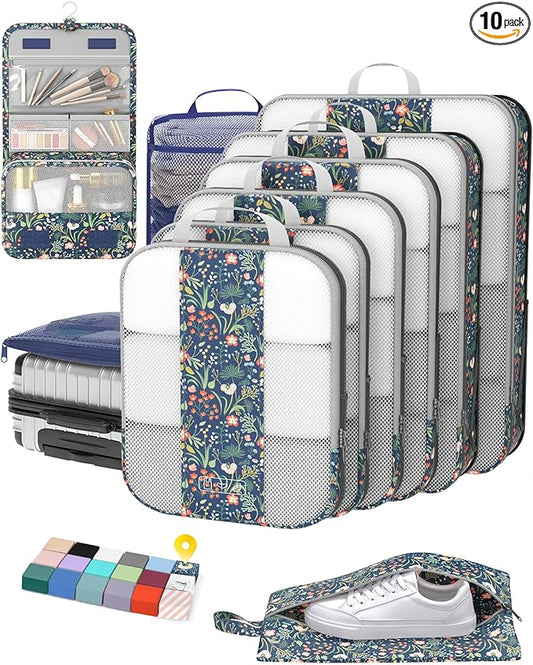 10 Set Compression Packing Cubes for Travel Essentials,Compressible Expandable Packing Cubes for Suitcase,OlarHike Luggage Organizer Bags,Handy Helper for Organizing Clothes(Dark Blue Floral)