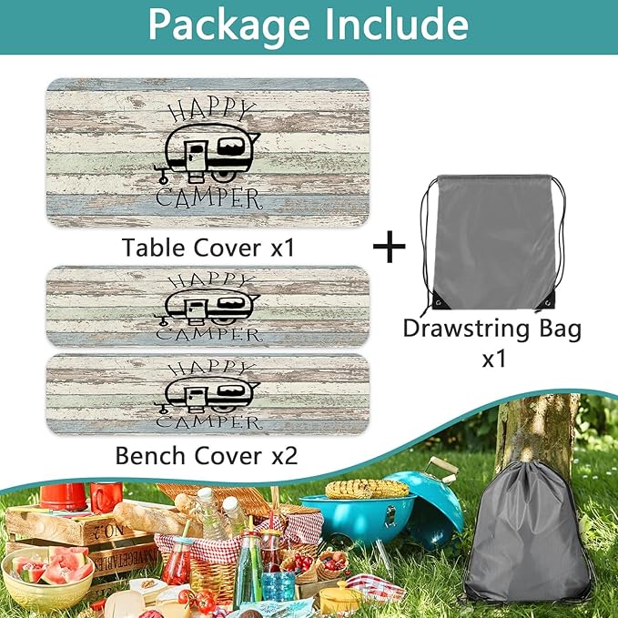 JAWO Picnic Table Covers with Bench Covers Camping Tablecloth 8FT for 8 Person Fitted Picnic Table Cover with Elastic Windproof Waterproof Fabric, Camping Accessories Patio & Outdoor, 3-PCS Set