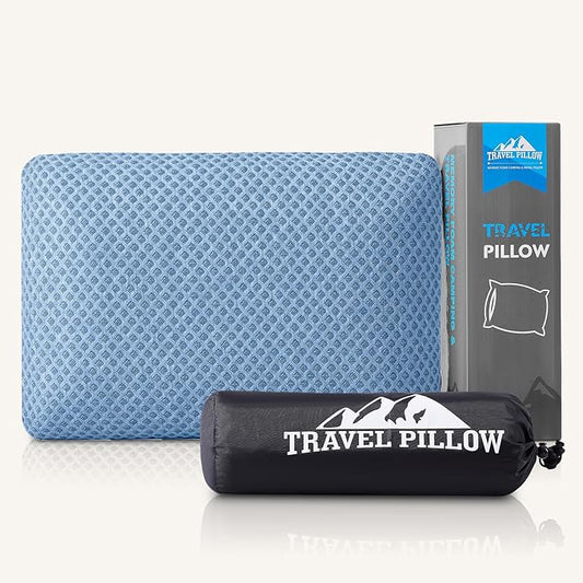 Travel Pillow Memory Foam Pillows, Camping Pillow-Compressible Medium Firm, Breathable Cover, Ideal Backpacking Hiking, Bed Pillows, Airplane and Car (Blue, S)