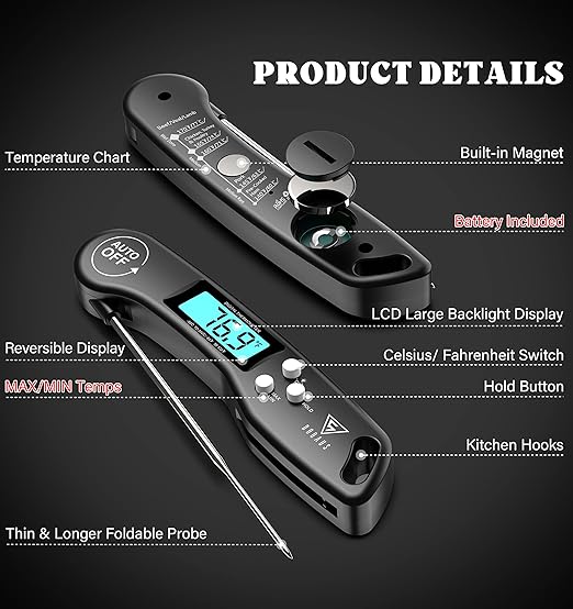 DOQAUS Digital Meat Thermometer, Instant Read Food Thermometers for Cooking, Kitchen Probe with Backlit & Reversible Display, Wide Temperature Range for Turkey, Grill, BBQ, Baking, Bread, Sourdough