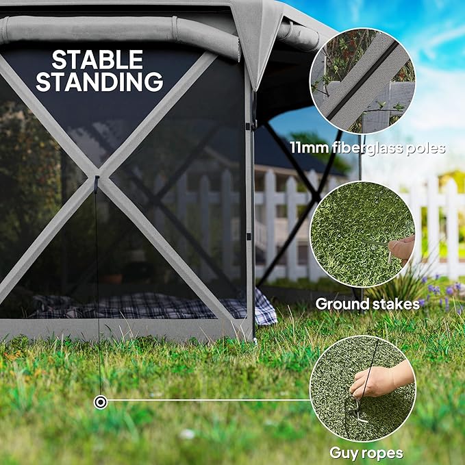 Outsunny Pop Up Gazebo Screen Tent House, 11 x 11ft with UPF30+ Removable Roof Cover, 4 Roll-up Wind Panels and Carry Bag for Camping, Patio, Backyard, Lawn, Dark Gray