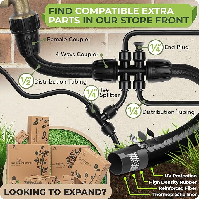 Carpathen 30pcs Drip Irrigation Emitters - 1/4" Drip Irrigation System Push-to-Connect - Adjustable 360 Degree Drip Emitters Vortex on 6" Sturdy Stake - Irrigation Drippers for Garden Watering System