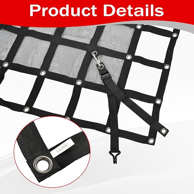 Heavy Duty 57" x 72" Truck Bed Cargo Net with Adjustable Cam Buckles & S-Hooks & Cross Strap,4.75' x 6' Cargo Net with 1500LBS Capacity for Pickup Truck Bed Trailer SUV Jeeps