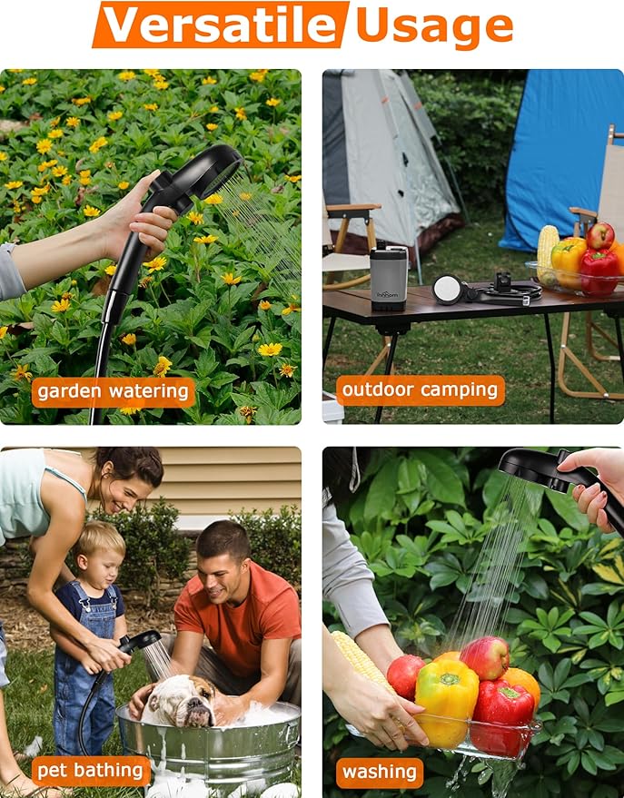 innhom Portable Shower for Camping, 6000mAh Rechargeable Camping Shower with LED Display, 2 Mode Electric Outdoor Camp Shower Pump for Hiking, Travelling, Washing, Grey