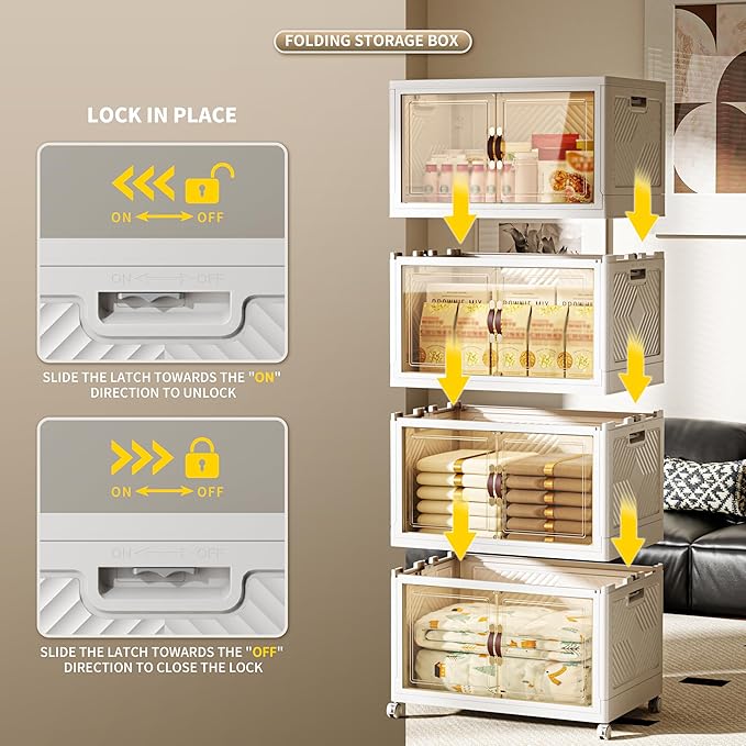 532 QT / 133 Gal Collapsible Storage Bins with Wheels & Magnetic Doors - Stackable Plastic Cabinet Organizer for Home, Garage, Closet (White Space-Saving Containers)