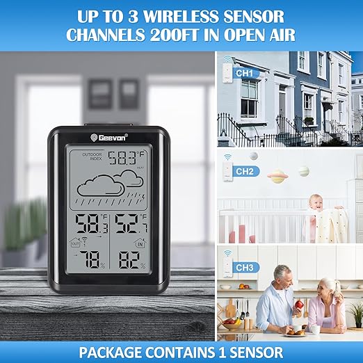 Geevon Indoor Outdoor Thermometer Wireless 200ft/60m, Digital Temperature Humidity Monitor with Large Display, Hygrometer with Weather, 3 Channel, Mold/Dew/Heat, 10s Backlight