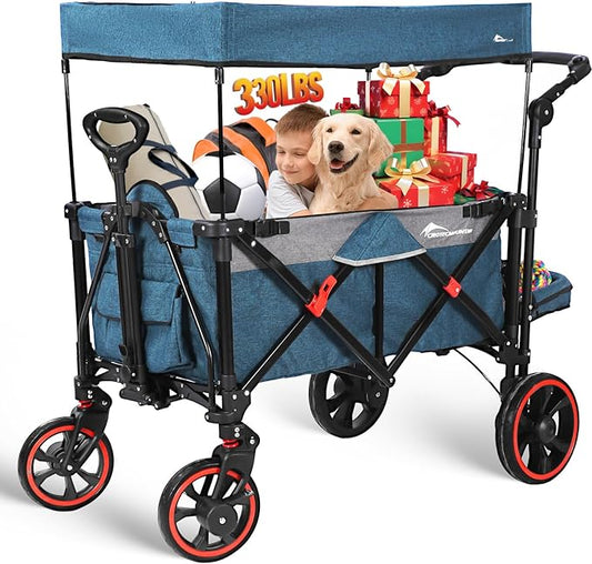 Collapsible Canopy Wagon, Foldable Wagon Stroller with 330LBS, Heavy Duty Cart with Shock-Absorbing Wheels, Adjustable Push Pulling Handles for Camping, Garden, Sports, Shopping, Blue