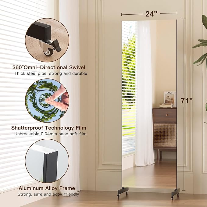 brisafe Home Gym Mirror 360° Swivel on Wheels, 71" X 24" Nano Film Super Lightweight Unbreakable Full Length Mirror for Yoga, Dance Studio, Black