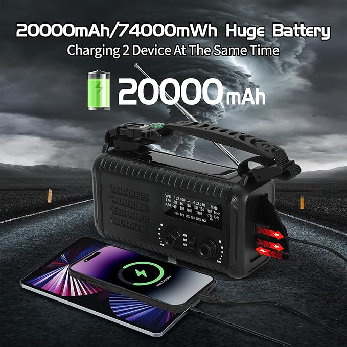 Emergency Weather Radio, 20000mAh Solar Radio, Hand Crank Radio with AM/FM/NOAA, Portable Radios with Flashlight & Reading Lamp, Earphone Jack, SOS Alarm, Phone Charger for Indoor Outdoor Emergencies