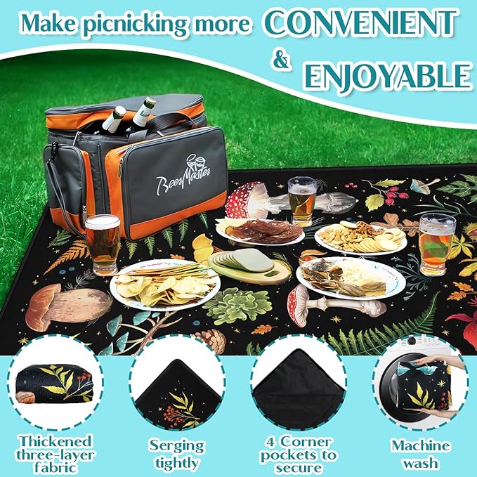 Mushroom Picnic Blankets Waterproof Foldable, 60″X80″Thick Three Layer Picnic Mat Outdoor Blanket for Grass,Cute Beach Blanket Sandproof Picnic Accessories for Camping Party Park Hiking