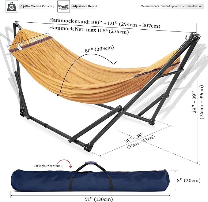 Tranquillo Universal Double Hammock with Stand Included for 2 Persons/Foldable Hammock Stand 600 lbs Capacity Portable Case - Inhouse, Outdoor, Camping, Yellow