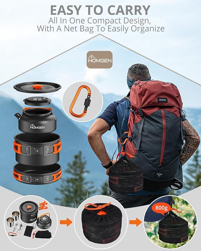 HOMGEN 12-Pieces Ultralight Anodized Aluminum Camping Cookware Set for 2 People - Nesting Pot/Pan with Foldable Handles 800ml Insulated Teapot & Stainless Cups - Compact Backpacking Gear for Camping