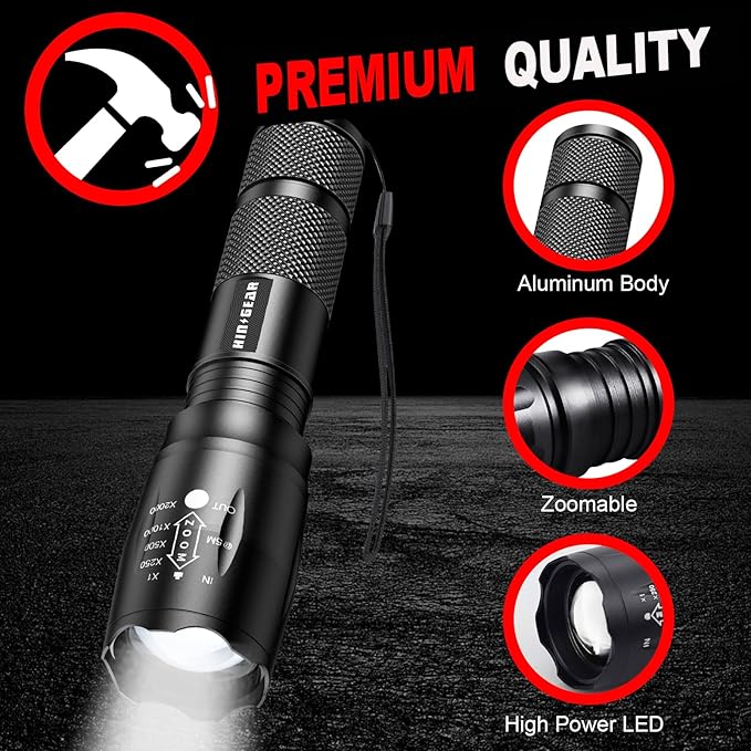 1 Mode Flashlights 2 Pack, Super Bright Zoomable LED Tactical Flashlight High Lumens, Water Resistant Portable Pocket Flash Light for Emergency, Camping, Home, and Gift - Red