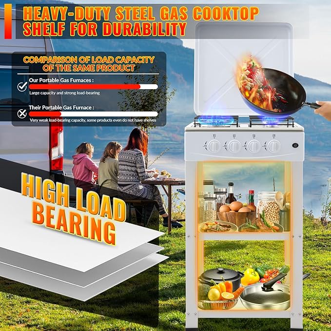 4 Burner Propane Gas Stove,300000BTU Portable Gas Stove with Support Leg Stand and Wind Blocking Cover Adapter Auto Ignition Camping Stove,propane burner for RV, Apartment, Outdoor Cooking