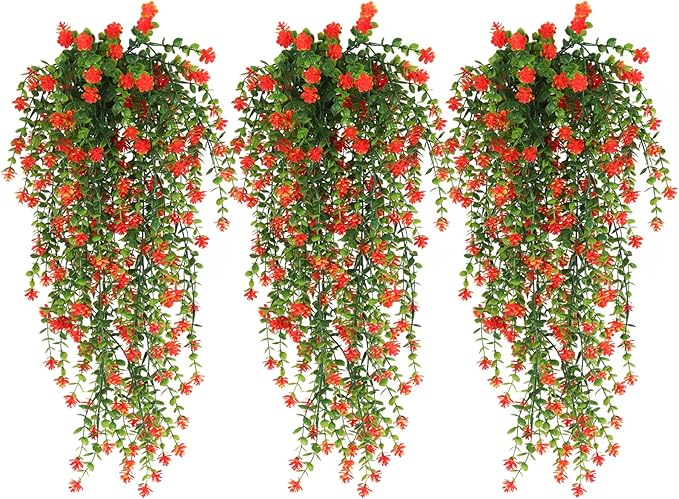 Faux Hanging Plants Hanging Greenery Outdoor Artificial Vines for Outdoors Hanging Plants with flowers Artificial Hanging Plants Indoor Outdoor Wall Garden Wedding Interior Decoration(Orange Red)