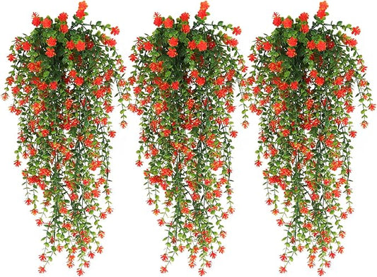 Faux Hanging Plants Hanging Greenery Outdoor Artificial Vines for Outdoors Hanging Plants with flowers Artificial Hanging Plants Indoor Outdoor Wall Garden Wedding Interior Decoration(Orange Red)