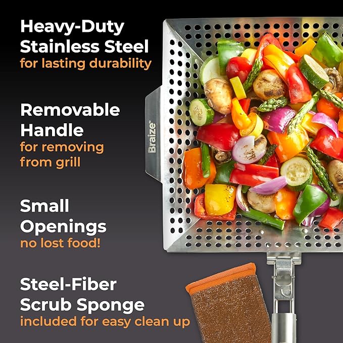 Heavy-Duty Stainless Steel Grill Basket – 12" x 13.75" BBQ Basket with Removable Handle – Large Grilling Basket for Vegetables, Fish & Meat – Includes 4 Bonus Scrub Sponges