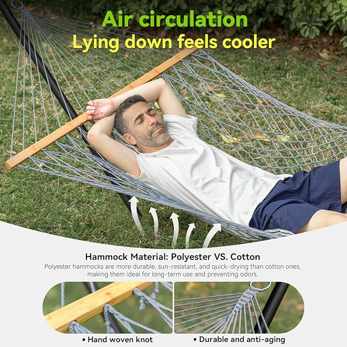 Double Hammock for 2 Person, Handwoven Rope Hammock with Spreader Bar Without Stand - Indoor & Outdoor Use for Patio, Poolside, Backyard (Grey)