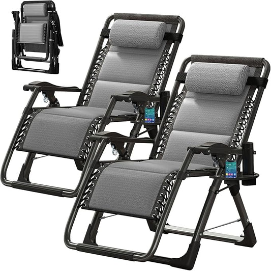 ABORON Zero Gravity Chair,Premium Outdoor Lawn Folding Lounge Chairs,Sturdy Adjustable Reclining Patio Chairs with Built in Cushion,Headrest & Tray
