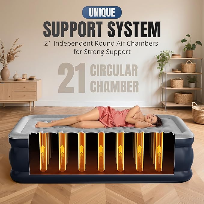 Twin Air Mattress with Built-in Pump, 18" Top Inflatable Mattress with Waterproof Flocking Fabric, Three-Minute Quick-Inflatable Bed. Portable Blow Up Mattress for Home, Outdoor and Guests