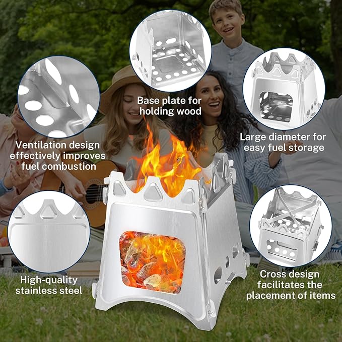 Folding Wood Burning Stove, Outdoor Portable Camping Stove, Wood Backpacking Stove, Stainless Steel Hiking Stove for BBQ Picnic