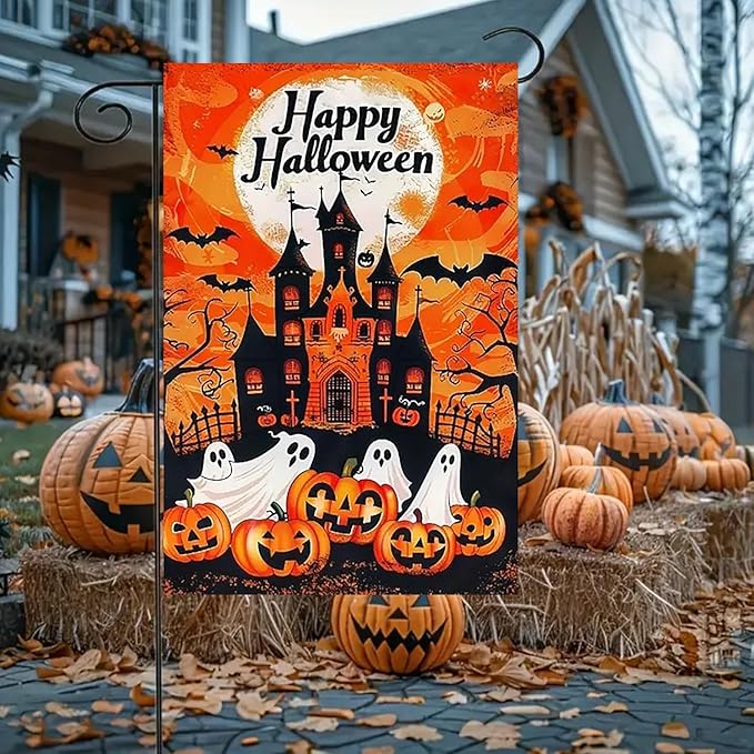 Halloween Garden Flag for Outside 12x18 Inch Double Sided, Ghost Pumpkin Small Yard Flags for Outside, Outdoor Welcome Flag Front Porch Decorations for Home