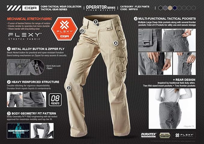 CQR Women's Flex Stretch Tactical Pants, Water Resistant Ripstop Cargo Work Pants with Pockets for Outdoor & Hiking