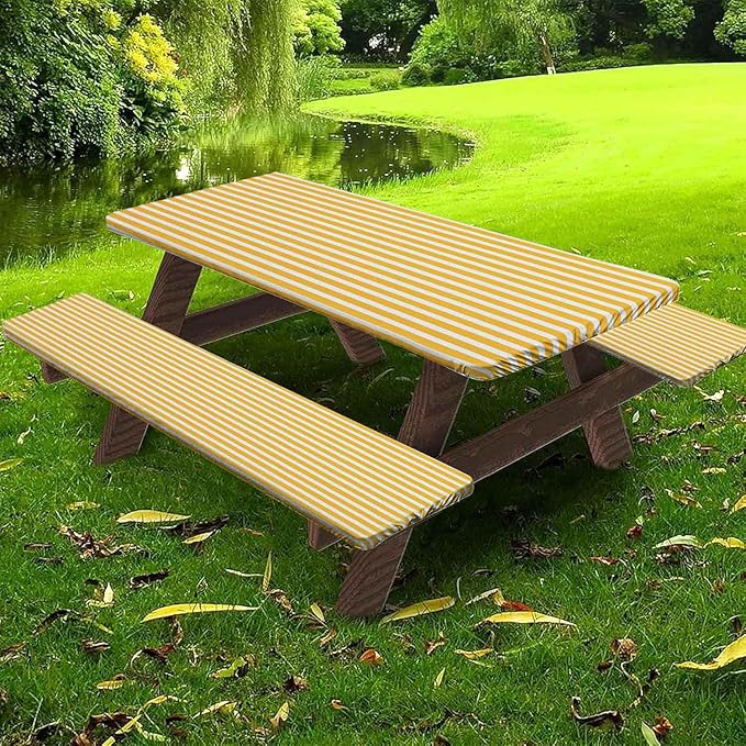 CAPSCEOLL Fitted Picnic Table Cover with Bench Covers with Elastic 8Ft Waterproof Camping Picnic Table Cover Cloths for Outdoors Camping Tablecloth with Drawstring Bag, 96X30in, Orange White