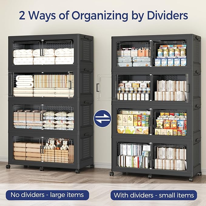 150GAL Extra Large Storage Bins with Lid, 600Qt Stackable Closet Organizers and Drawers, Collapsible Storage Bins with Wheels, Folding Storages Cabinet for Home Bedroom Office, 3Pack Black