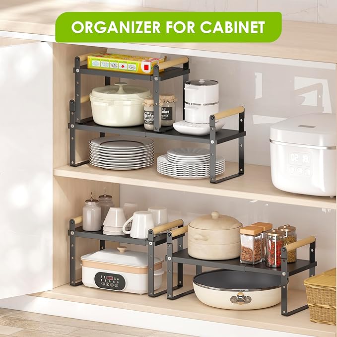 DOLALIKE Expandable kitchen Countertop Organizer, Stackable Cabinet Shelf Organizers, Space Saving Spice Rack Pantry Storage for Bathroom Office Organization (6.9''D*13-19.7''W*7.9''H, Black)