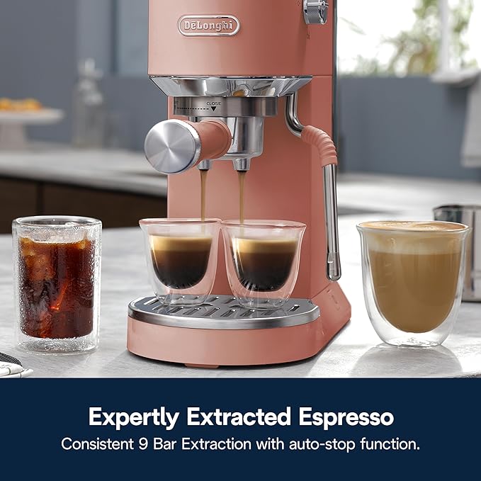 De'Longhi Dedica Duo Compact Espresso Machine - Cold Brew Coffee Maker with Milk Frother Wand- for Espresso, Hot & Iced Coffee, Cappuccinos, Lattes & Home Barista Brewing, Rosé Pink