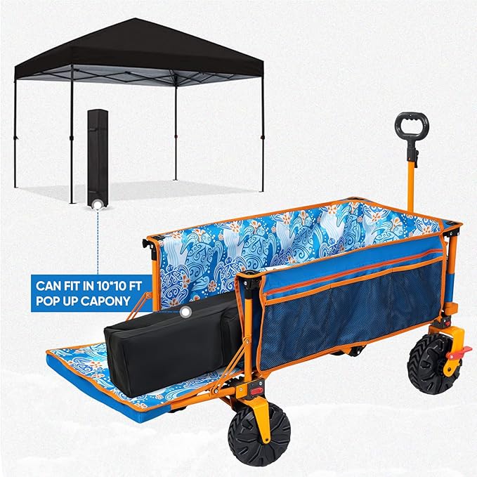 49" L Extra Long Beach Wagon with Tailgate,Big Wheels with Brake for Sand, Collapsible Utility Beach Cart Heavy Duty Folding Wagon,Ideal for Outdoor Sand Camping Garden Pet