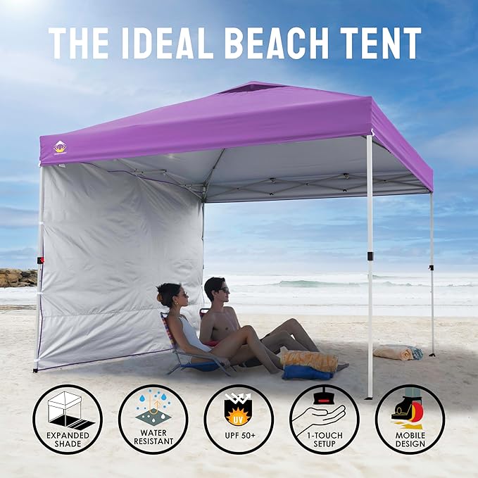 CROWN SHADES 10x10 Pop Up Canopy with 1 Side Wall - Beach Tent with One Push Setup - Outdoor Sun Shade for Events, Parties, Camping - Gazebo with STO-N-Go Cover Bag (Purple)