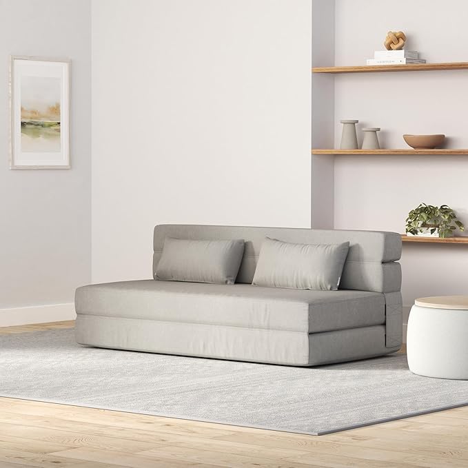 Folding Sofa Bed with Pillows- Convertible Chair Floor Couch & Sleeping Mattress, Foldable Memory Foam Sleeper for Living Room/Dorm/Guest Room/Home Office/Apartment/Loft, Queen, Light Gray