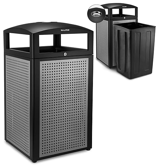 Alpine Outdoor Commercial Trash Can with Lid - 40 Gallon Heavy Duty Metal Garbage Can with Removable Bin, Locking Lid for a Modern Look in Parks, Parkings & High Traffic Areas (Black & Grey with Tray)