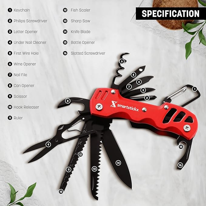 16 in 1 Multi Tool Tactical Knife Camping essential Survival with Knife, Scissors, Saw, Wine Opener, Multiple Screwdrivers, Key Chain Easy Carry, Fish Scaler (Red)